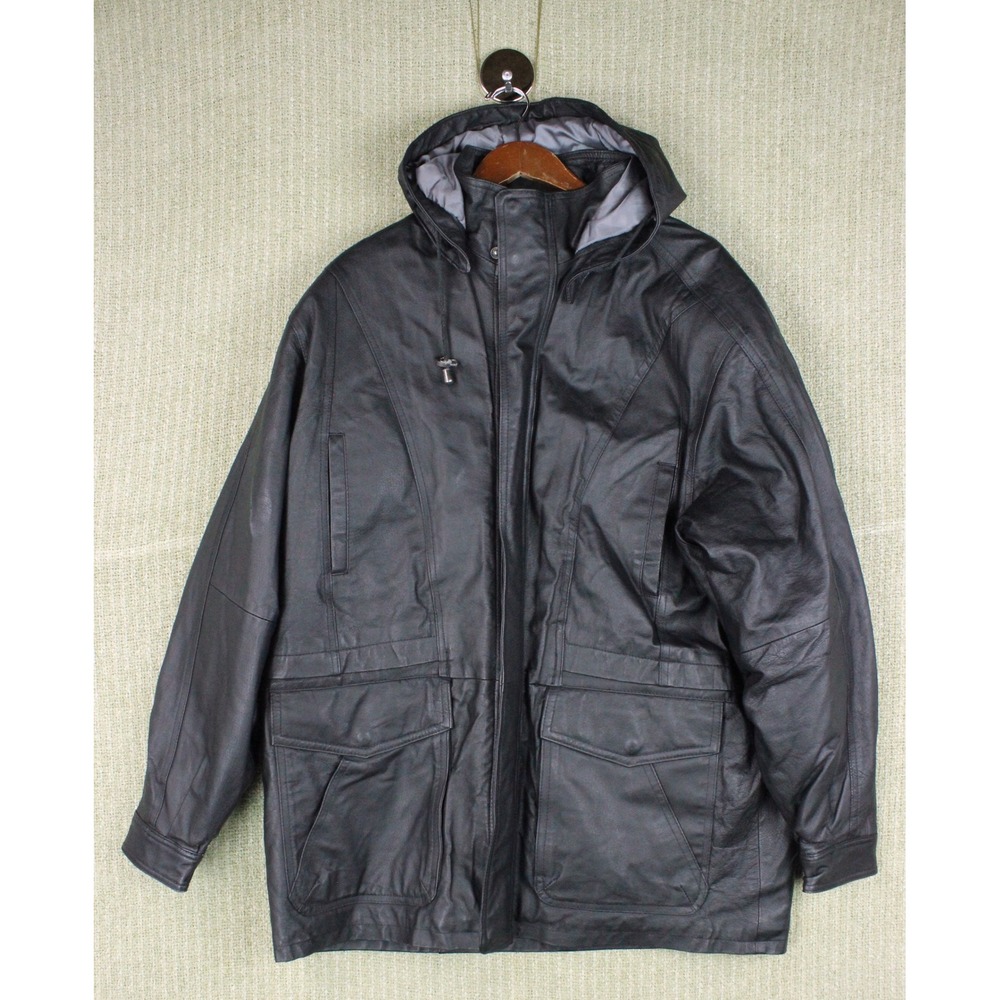 Vintage Mens Black Leather Field Jacket Parka Hooded XL Full Zip Insulated